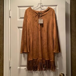 Blu Pepper Tan Dress Lace-Up neckline- size small - fringe bottom - NWT